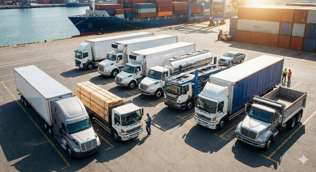 Mapa trasy z ikonami nadwozi (plandeka, chłodnia)